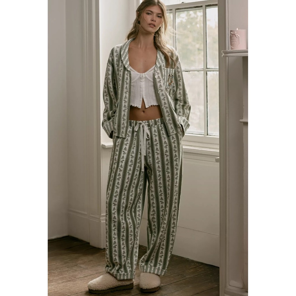 Anthropologie LyreBird Green Floral Printed Quilted Jogger Pajama Pants XL NEW